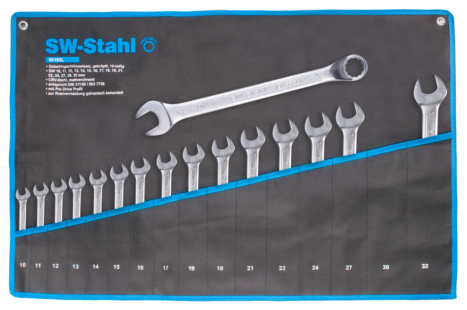 SW-STAHL 00193L Gabelringschlüsselsatz, 10-32 mm, gekröpft, 16-teilig