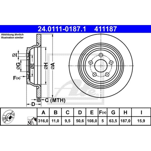 Bremsscheibe ATE 24.0111-0187.1 für FORD, Hinterachse