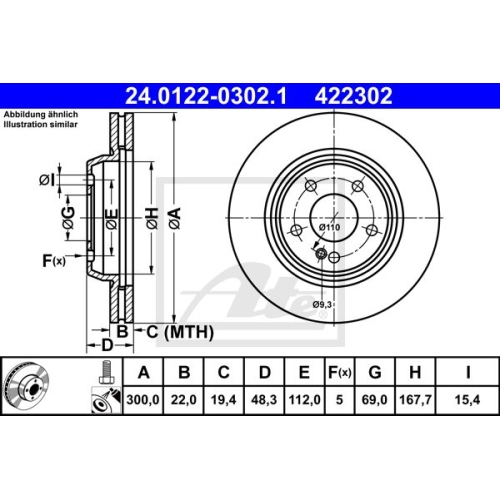 Bremsscheibe ATE 24.0122-0302.1 für MERCEDES-BENZ, Hinterachse