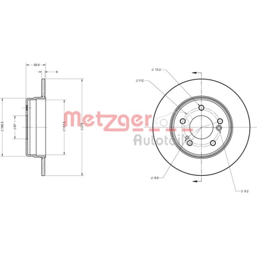 Bremsscheibe METZGER 6110039 COATED für CHRYSLER MERCEDES-BENZ, Hinterachse