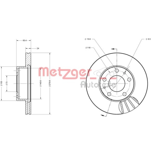 Bremsscheibe METZGER 6110104 COATED für CITROËN FIAT, Vorderachse