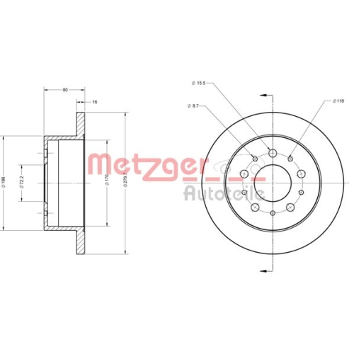 Bremsscheibe METZGER 6110163 COATED für CITROËN FIAT PEUGEOT, Hinterachse