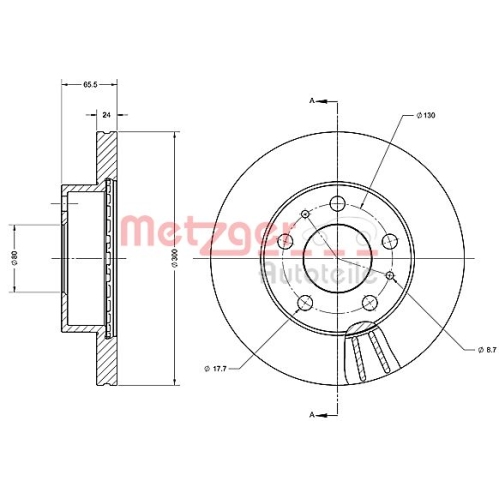 Bremsscheibe METZGER 6110438 COATED für CITROËN FIAT PEUGEOT, Vorderachse