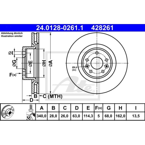 Bremsscheibe ATE 24.0128-0261.1 für RENAULT, Vorderachse