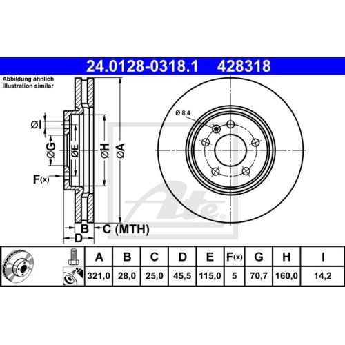 Bremsscheibe ATE 24.0128-0318.1 für OPEL VAUXHALL, Vorderachse