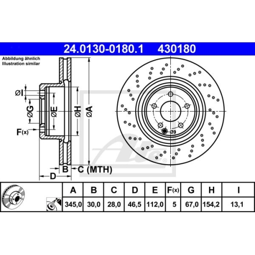 Bremsscheibe ATE 24.0130-0180.1 für MERCEDES-BENZ, Vorderachse