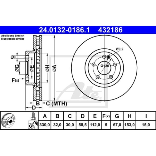 Bremsscheibe ATE 24.0132-0186.1 für MERCEDES-BENZ, Vorderachse