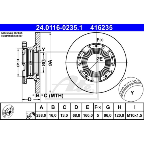 Bremsscheibe ATE 24.0116-0235.1 für FORD, Hinterachse