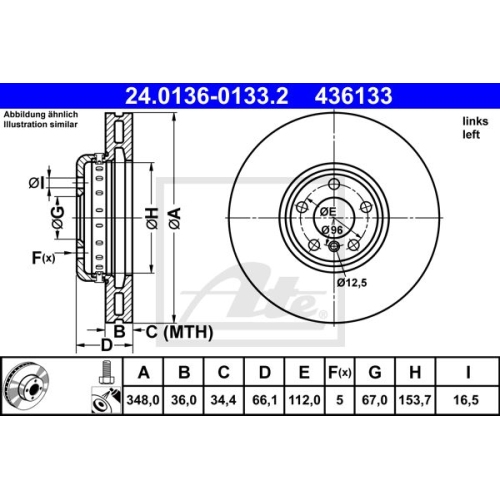 Bremsscheibe ATE 24.0136-0133.2 für BMW, Vorderachse, Vorderachse links