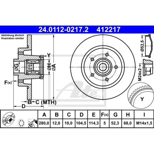 Bremsscheibe ATE 24.0112-0217.2 für OPEL RENAULT VAUXHALL, Hinterachse