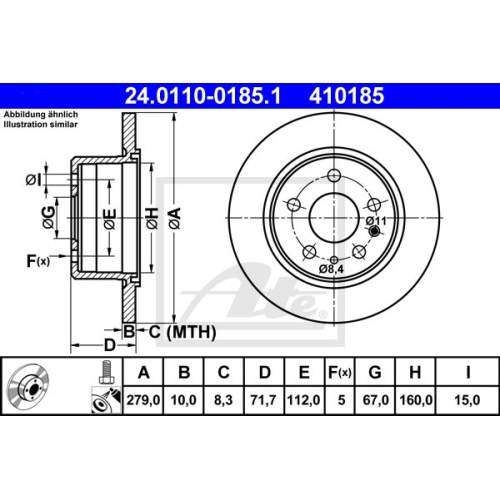 Bremsscheibe ATE 24.0110-0185.1 für MERCEDES-BENZ, Hinterachse