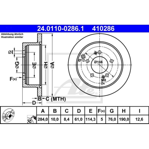 Bremsscheibe ATE 24.0110-0286.1 für HYUNDAI KIA, Hinterachse