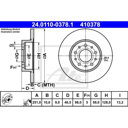 Bremsscheibe ATE 24.0110-0378.1 für FIAT, Hinterachse