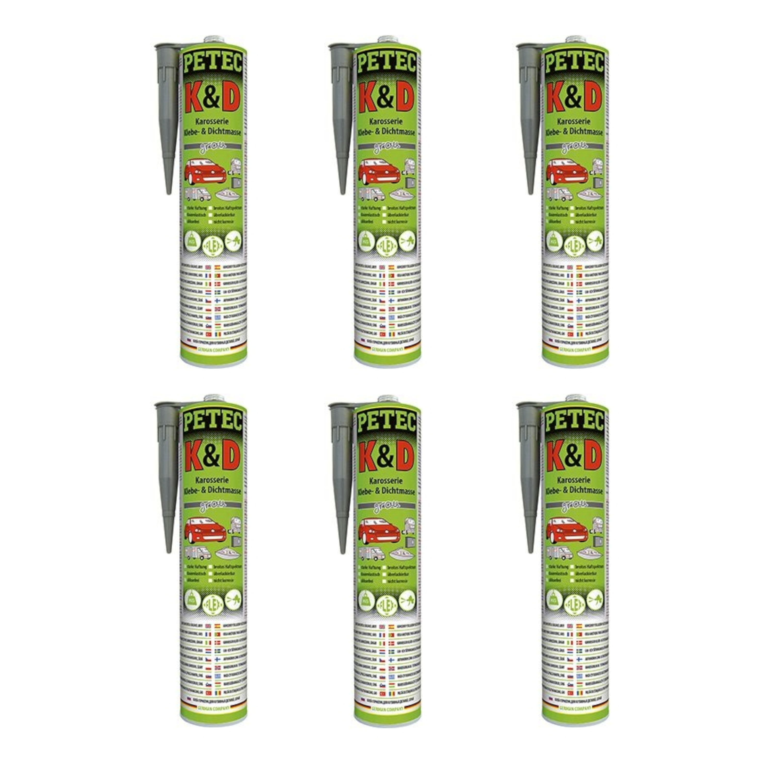 6x PETEC KundD Karosserie Klebe- und Dichtmasse Klebemasse Dichtmasse Karosseriekleber Klebstoff Kleber Kartusche 310ml grau