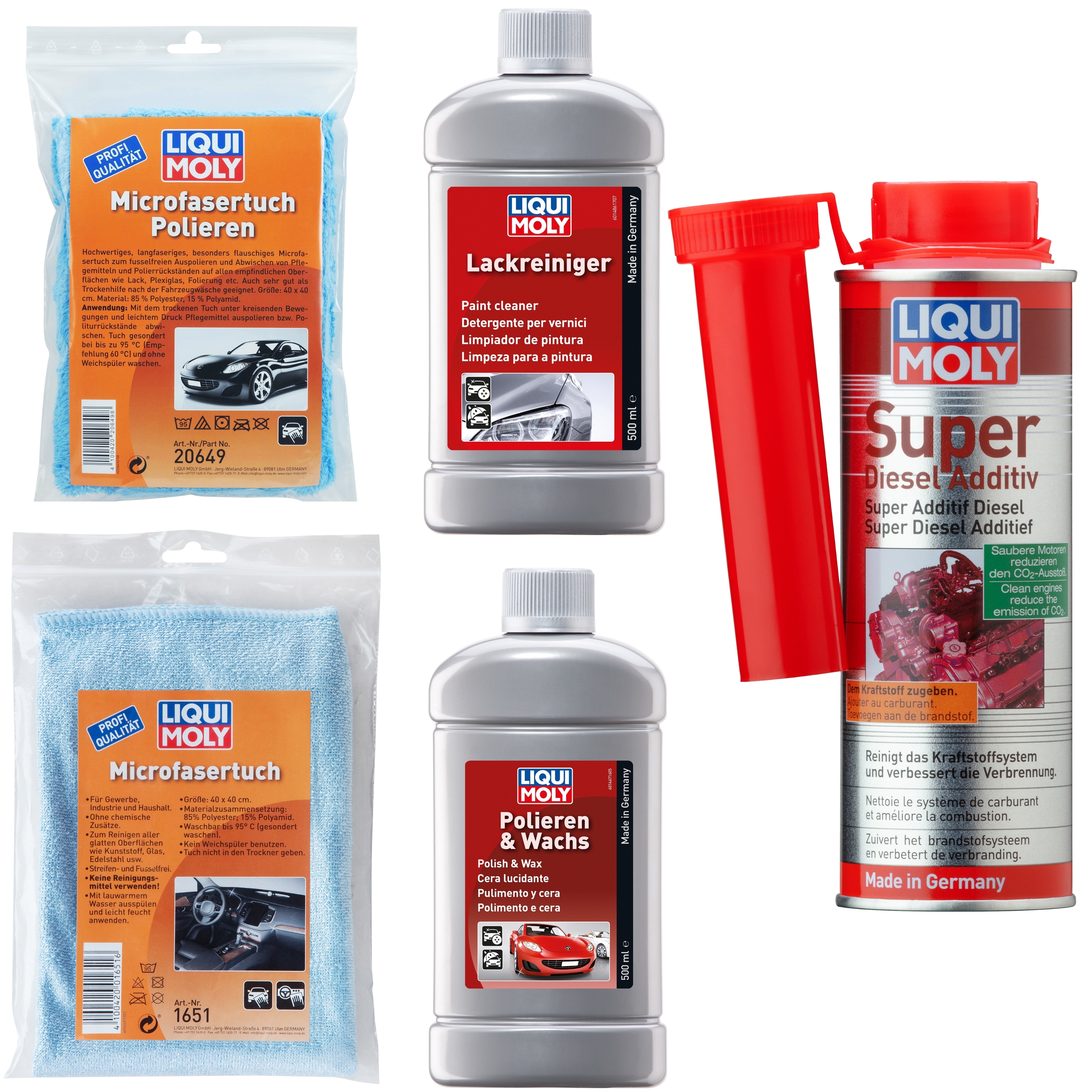 LIQUI MOLY Auto Pflege Politur Paket Benzin inkl. Microfasertücher 1486, 1467, 20649, 1651, 5120