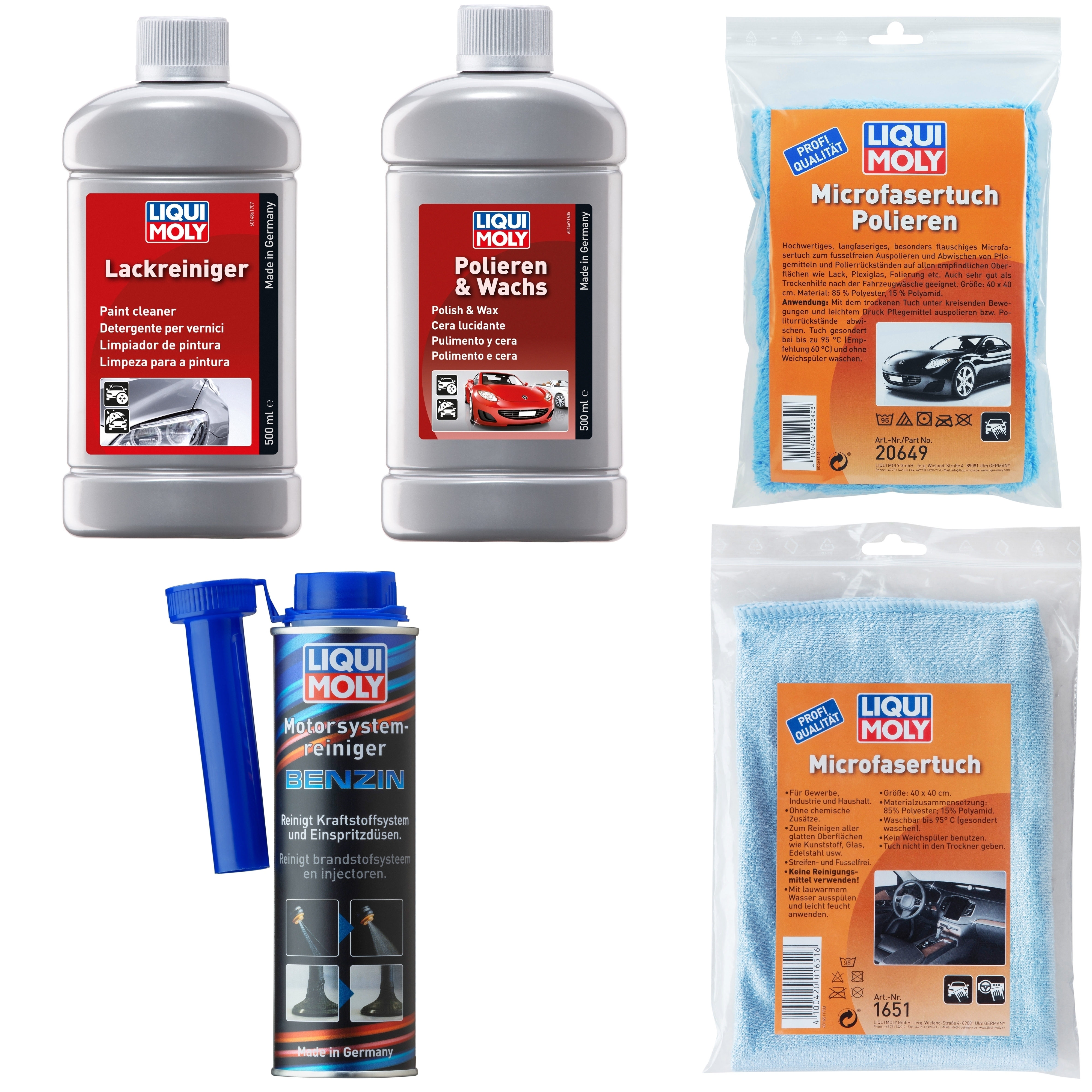 LIQUI MOLY Auto Pflege Politur Set Benzin, Lackreiniger, Microfasertücher etc