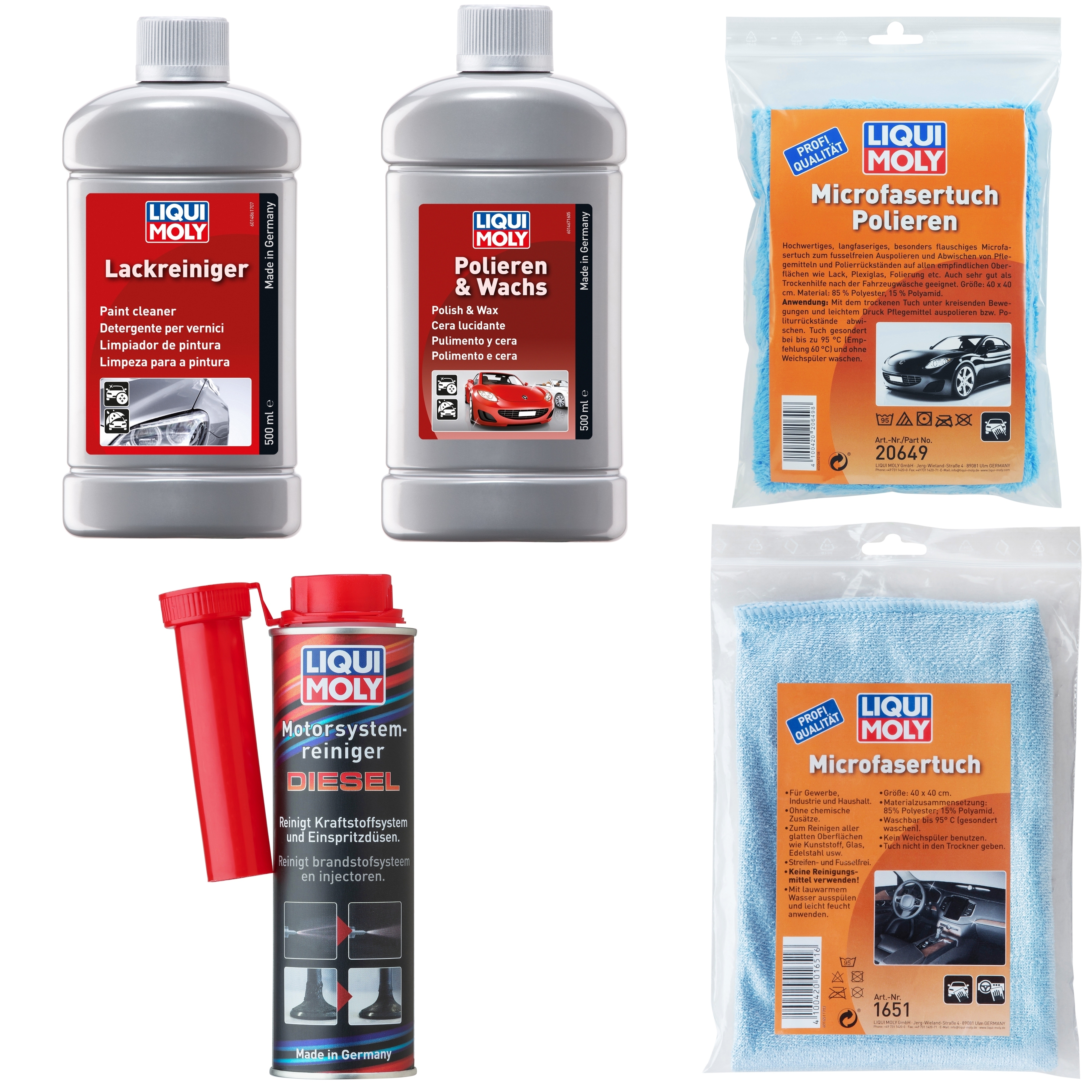 LIQUI MOLY Pflege set, Lackreiniger, Motorsystemreiniger, Microfasertuch etc.