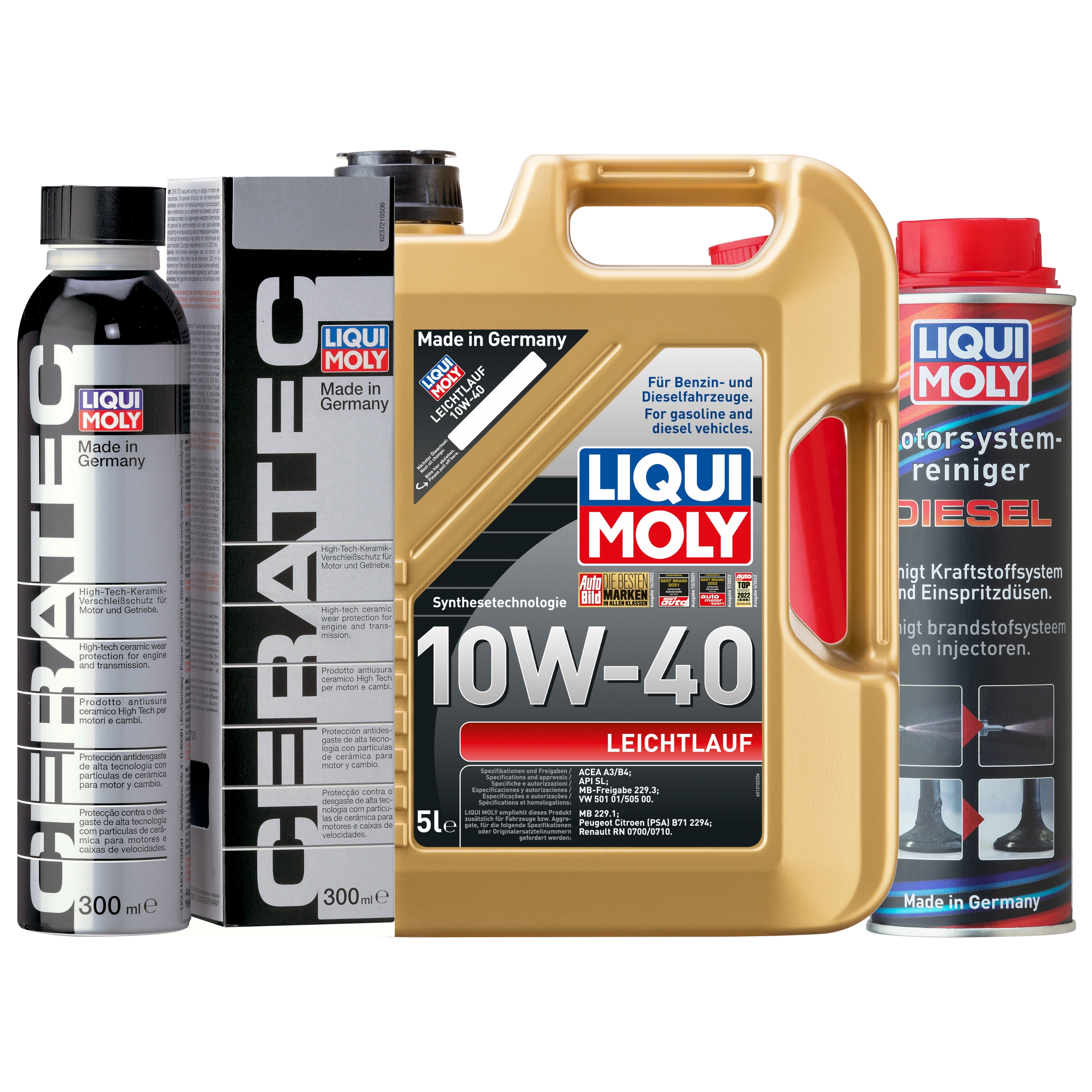 Liqui Moly 1x LM49177 Leichtlauf 10W-40 5l + Cera Tec 300ml + Motor System Reiniger Diesel 300ml 1310,3721,5128