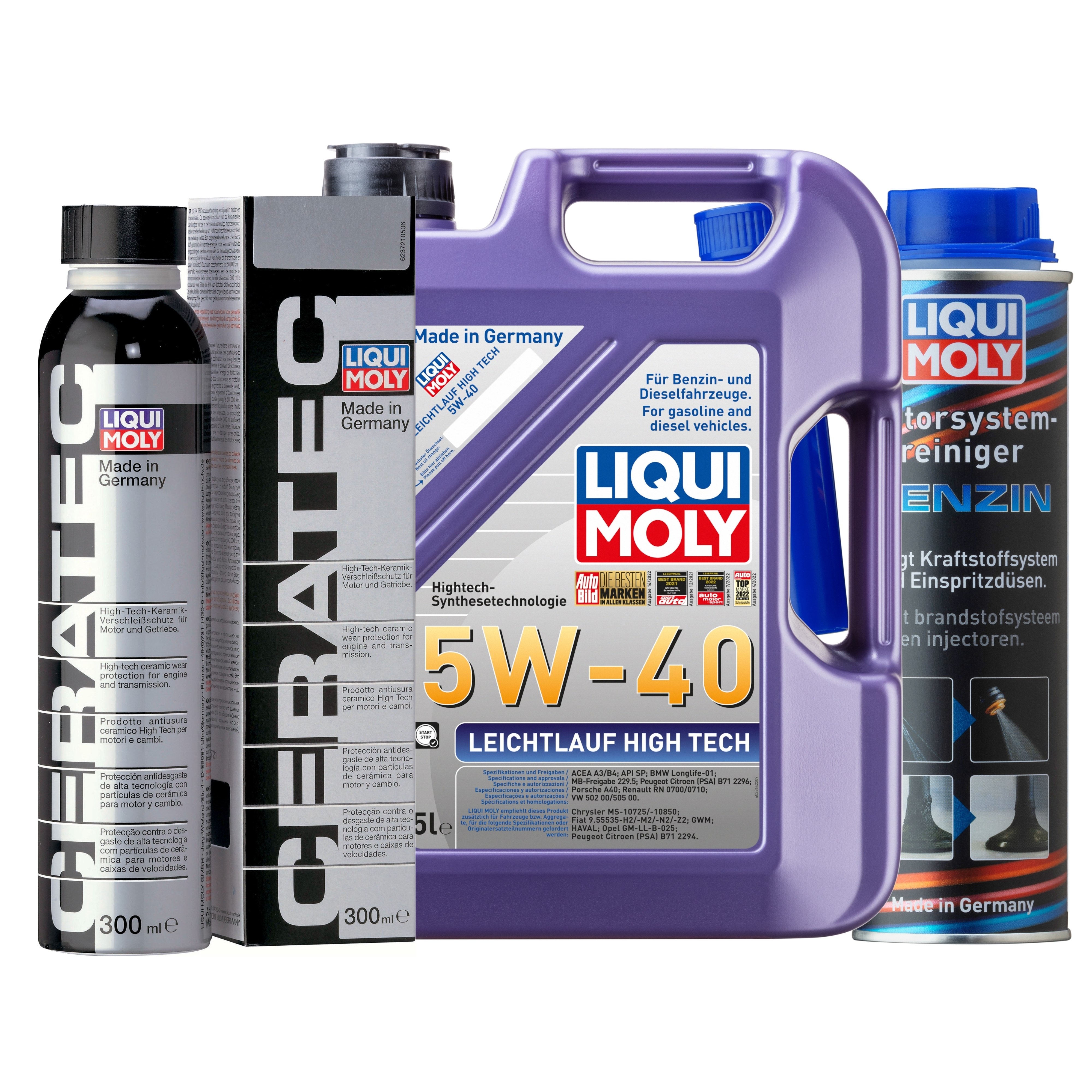 Liqui Moly 1x LM49179 Leichtlauf High Tech 5W-40 5l+Cera Tec 300ml+Motor System Reiniger Benzin 300ml