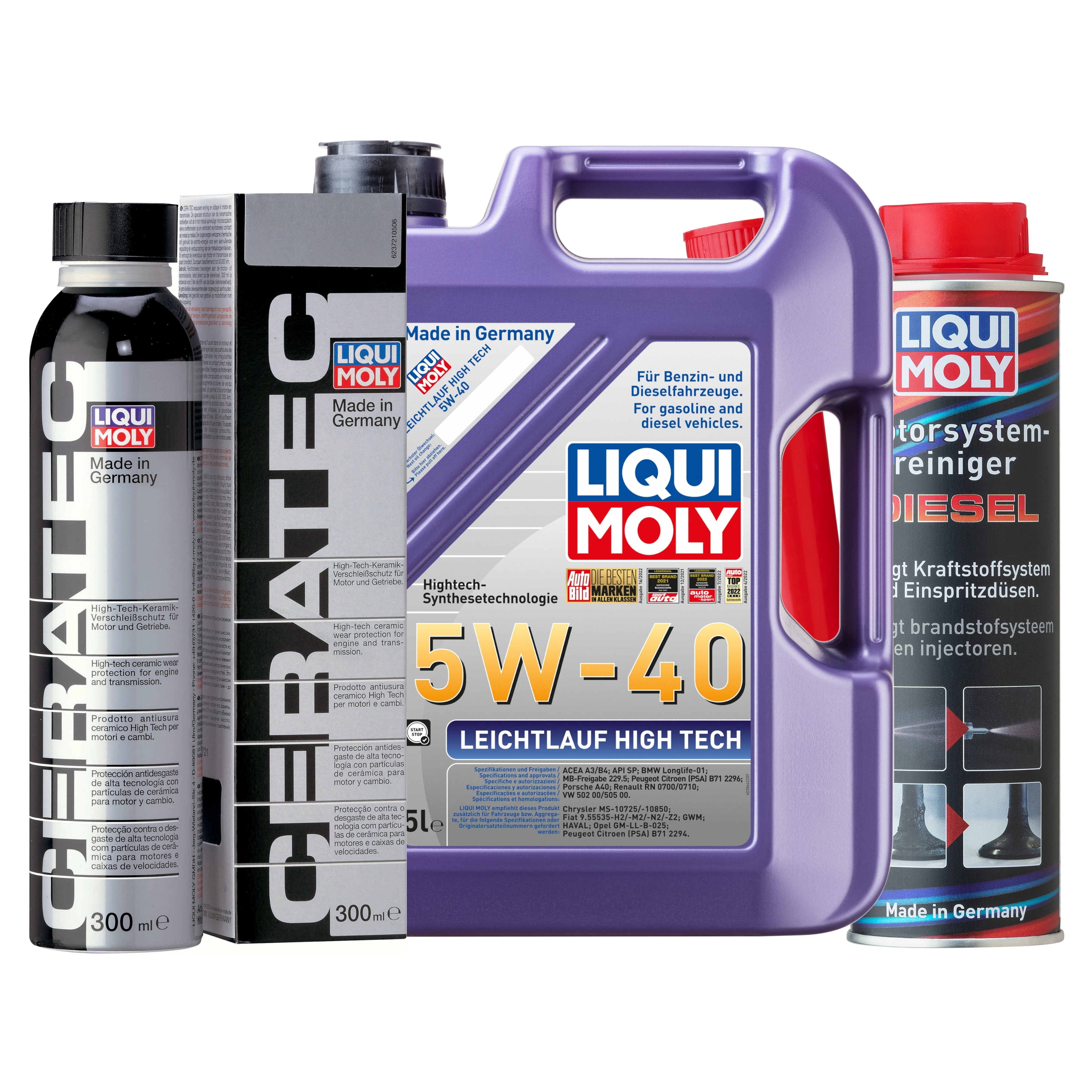 Liqui Moly 1x LM49180 Leichtlauf High Tech 5W-40 5l + Cera Tec 300ml + Motor System Reiniger Diesel 300ml