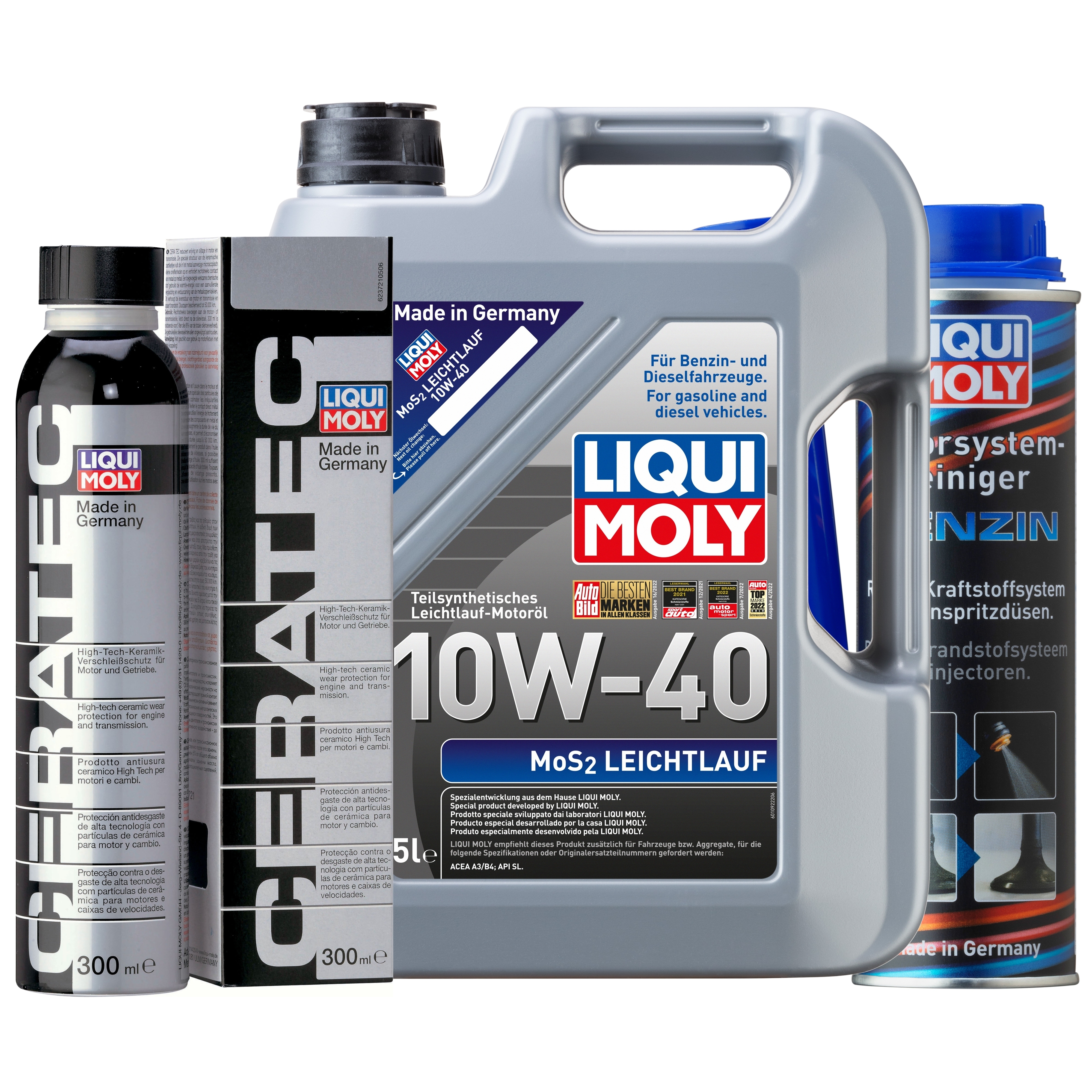 Liqui Moly 1x LM49185 MoS2 Leichtlauf 10W-40 5l + Cera Tec 300ml + Motor System Reiniger Benzin 300ml