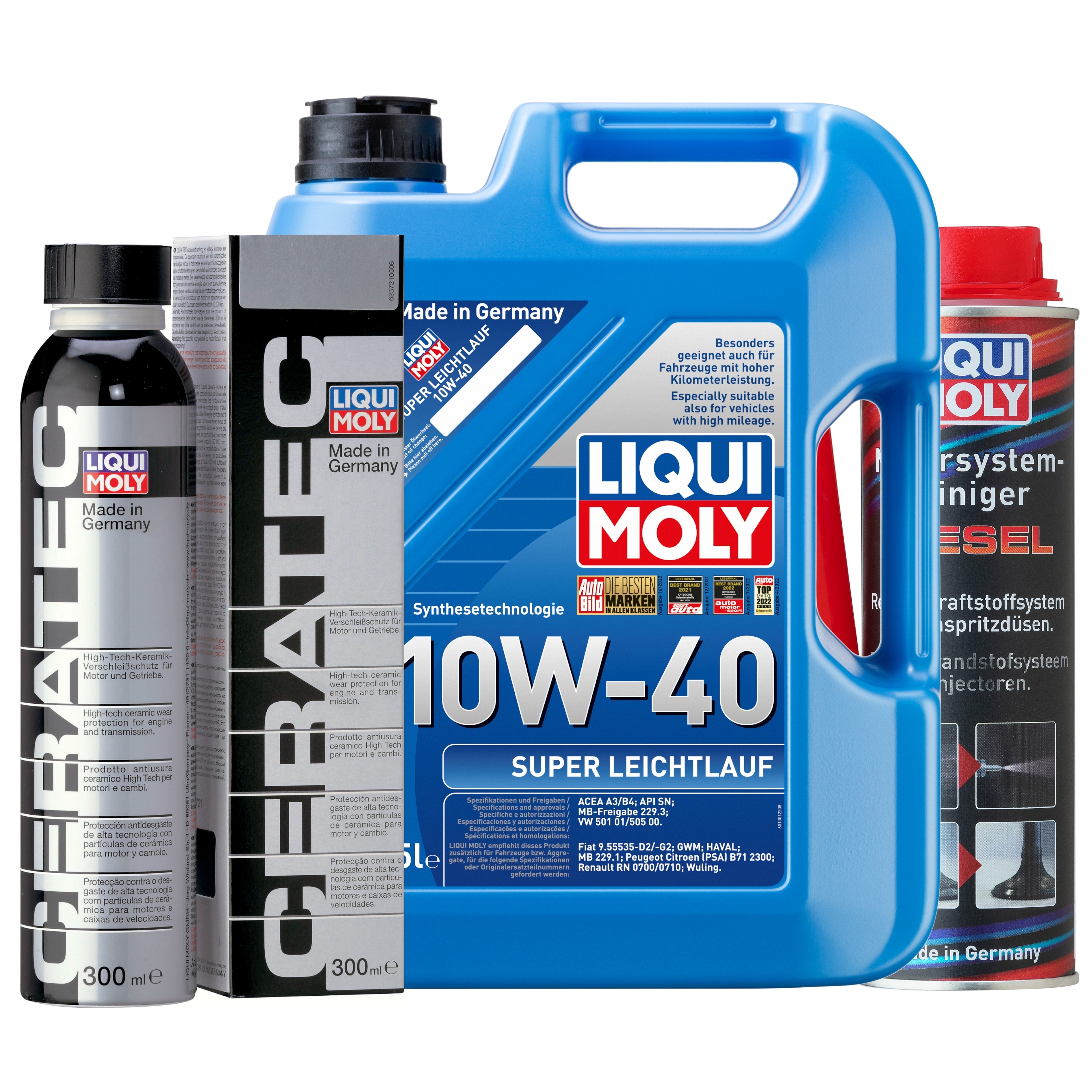 Liqui Moly 1x LM49189 Super Leichtlauf 10W-40 5l + Cera Tec 300ml + Motor System Reiniger Diesel 300ml