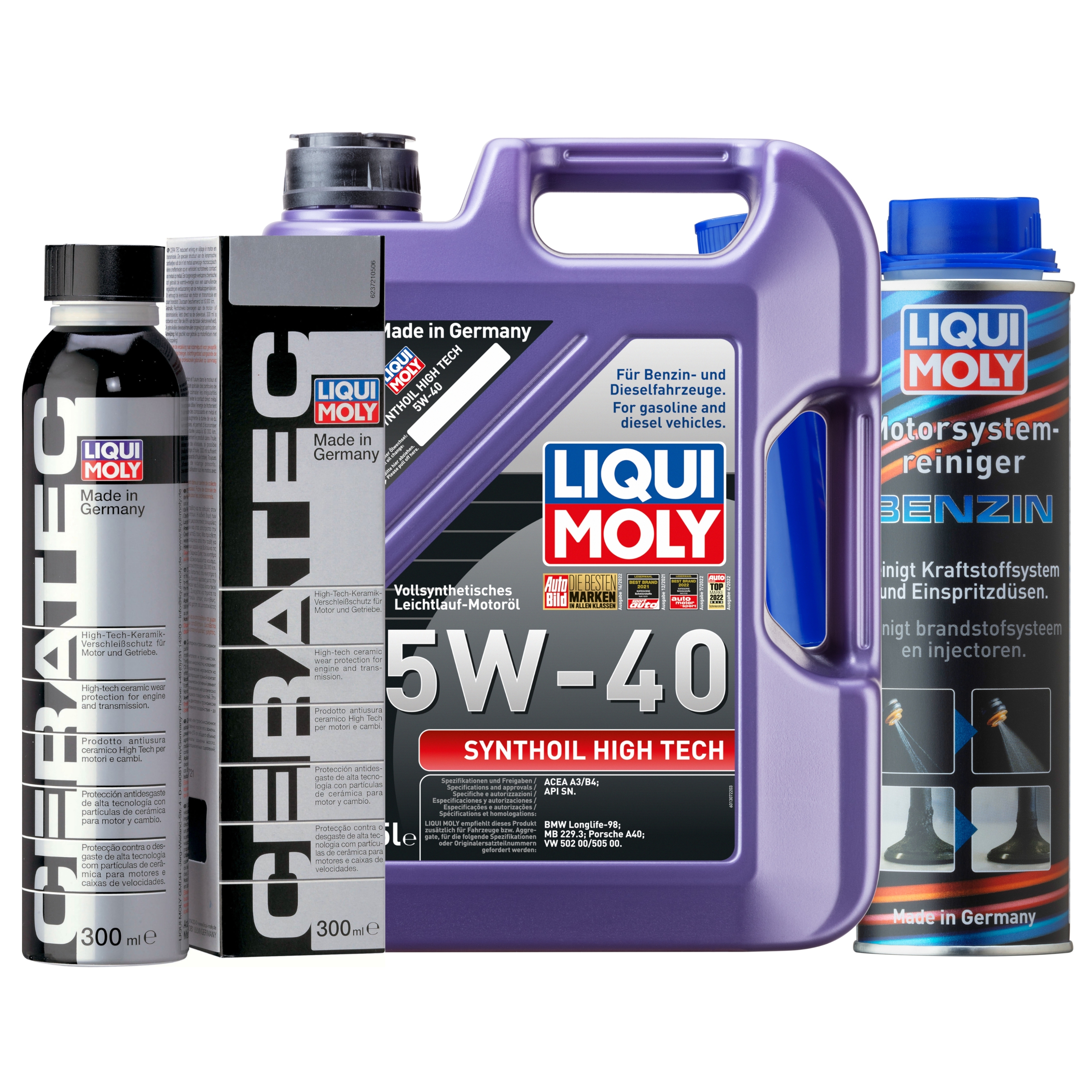 Liqui Moly 1x LM49191 Synthoil High Tech 5W-40 5l + Cera Tec 300ml + Motor System Reiniger Benzin 300ml