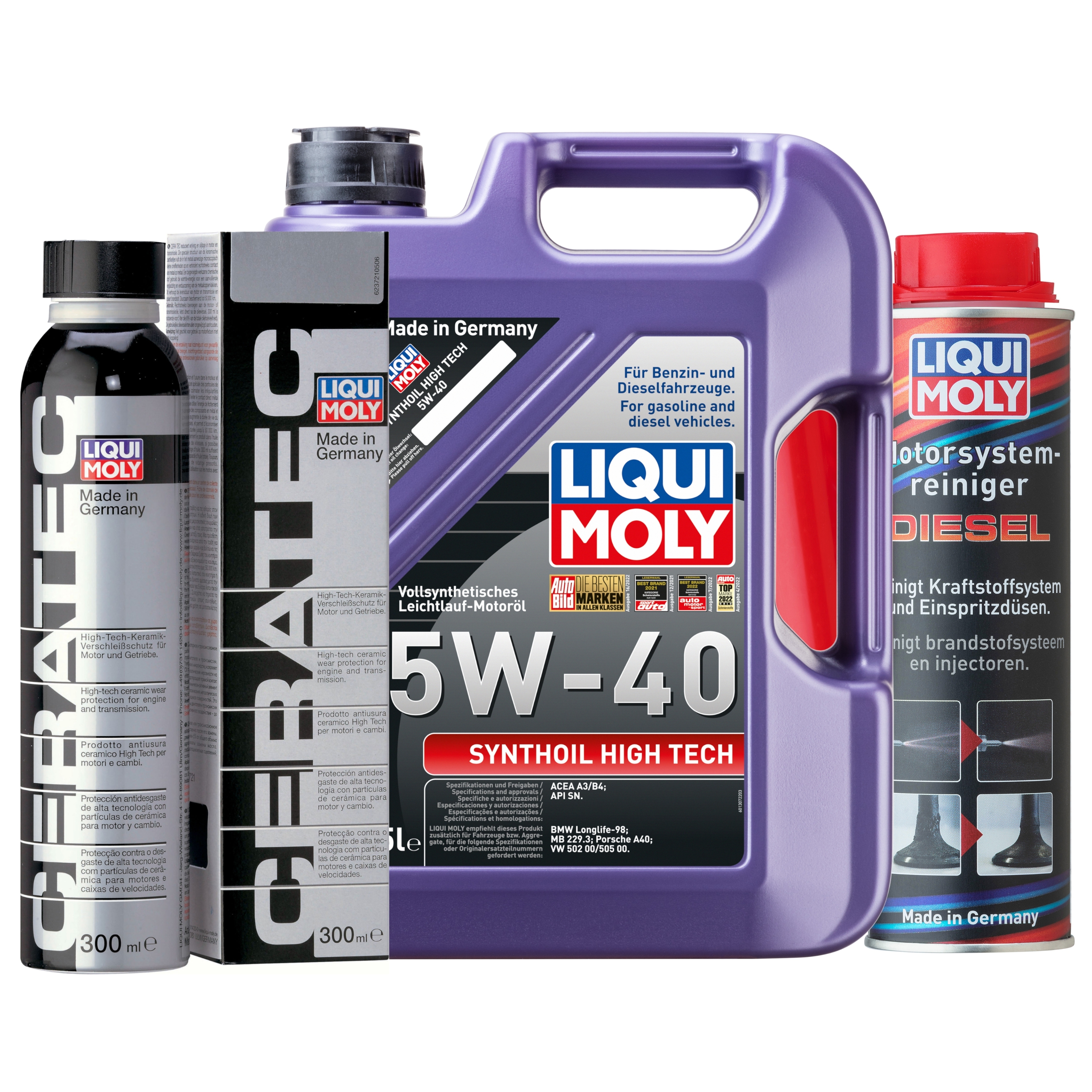 Liqui Moly 1x LM49192 Synthoil High Tech 5W-40 5l + Cera Tec 300ml + Motor System Reiniger Diesel 300ml