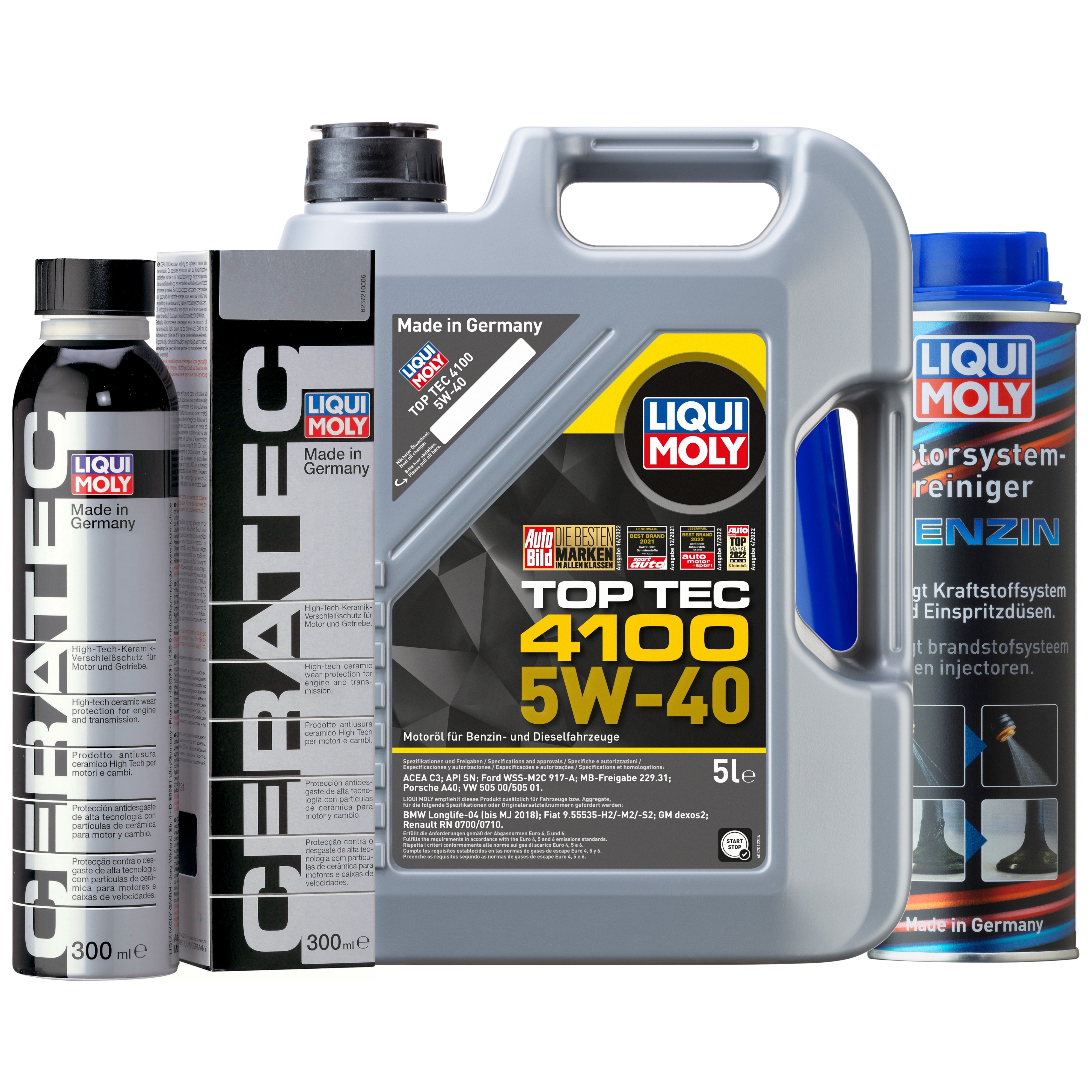 Liqui Moly 1x LM49194 Top Tec 4100 5W-40 5l + Cera Tec 300ml + Motor System Reiniger Benzin 300ml