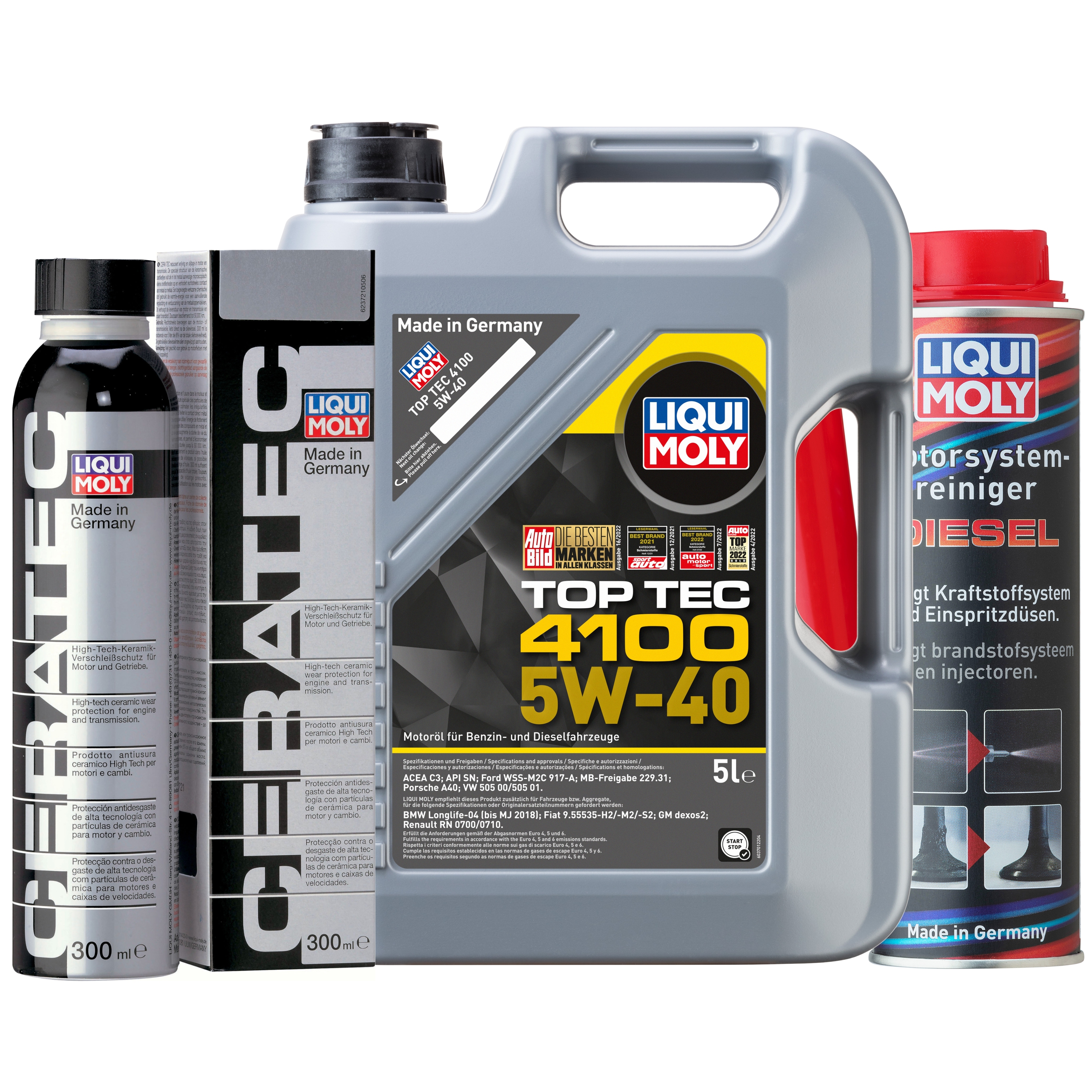 Liqui Moly 1x LM49195 Top Tec 4100 5W-40 5l + Cera Tec 300ml + Motor System Reiniger Diesel 300ml