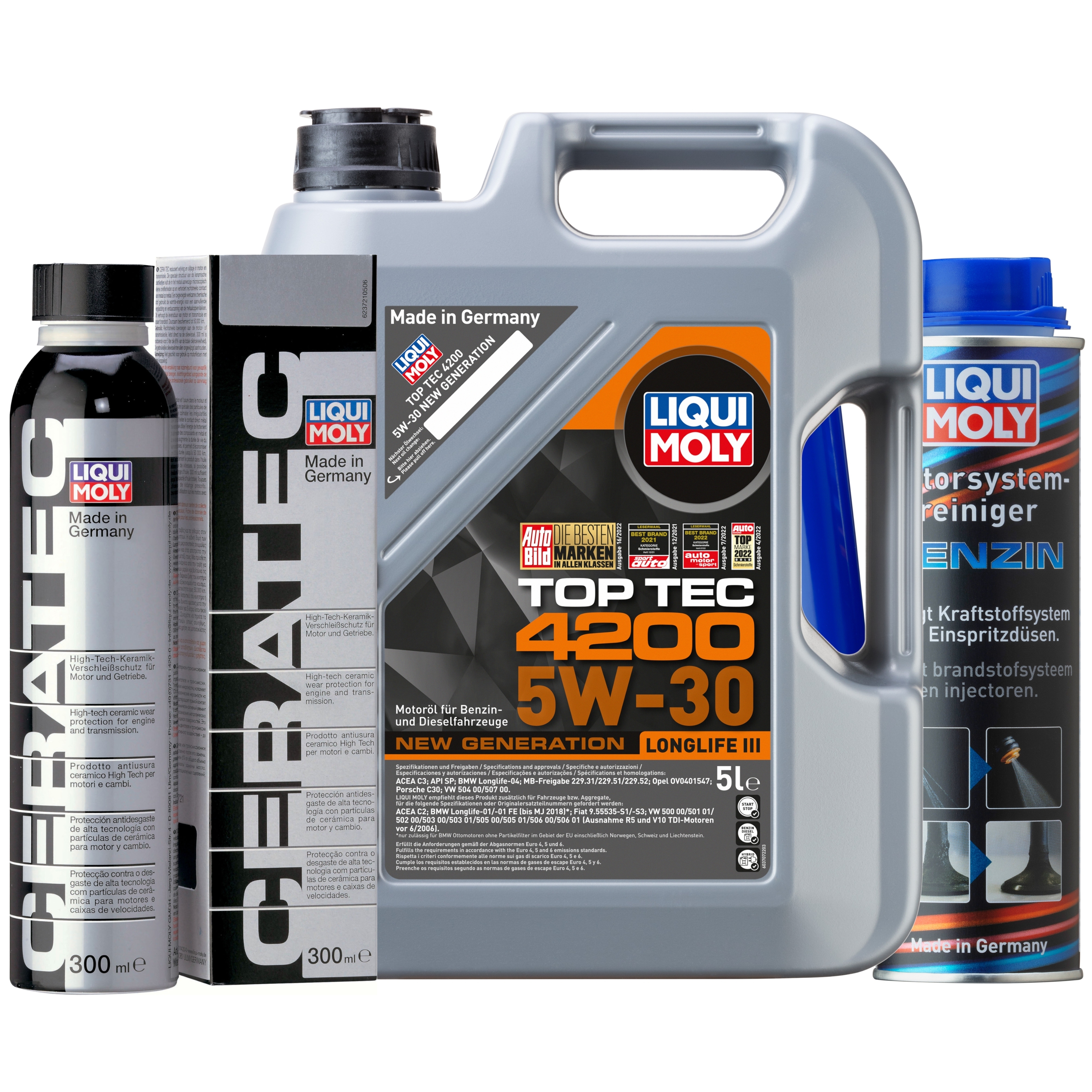 Liqui Moly 1x LM49197 Top Tec 4200 5W-30 5l + Cera Tec 300ml + Motor System Reiniger Benzin 300ml