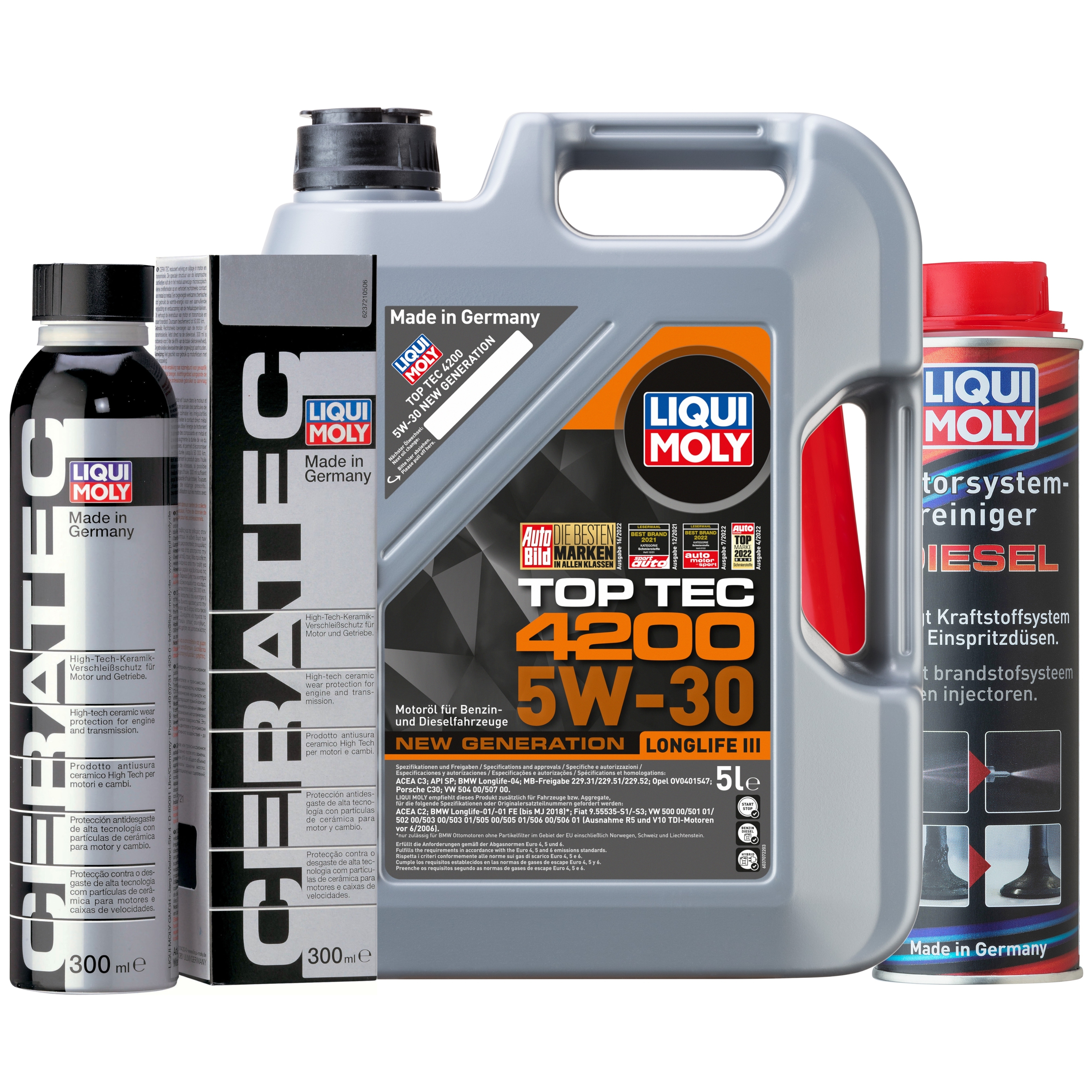 Liqui Moly 1x LM49198 Top Tec 4200 5W-30 5l + Cera Tec 300ml + Motor System Reiniger Diesel 300ml