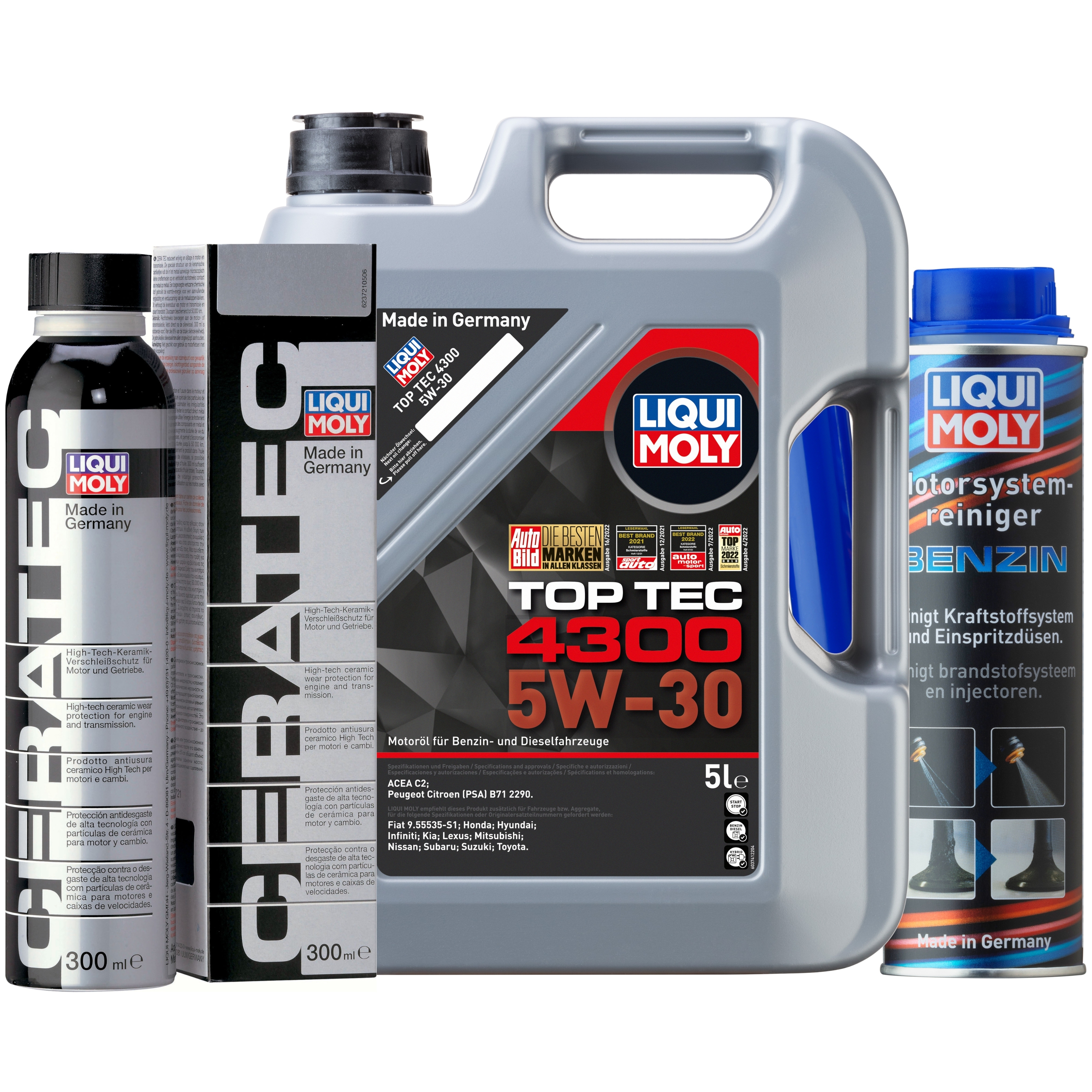 Liqui Moly 1x LM49200 Top Tec 4300 5W-30 5l + Cera Tec 300ml + Motor System Reiniger Benzin 300ml