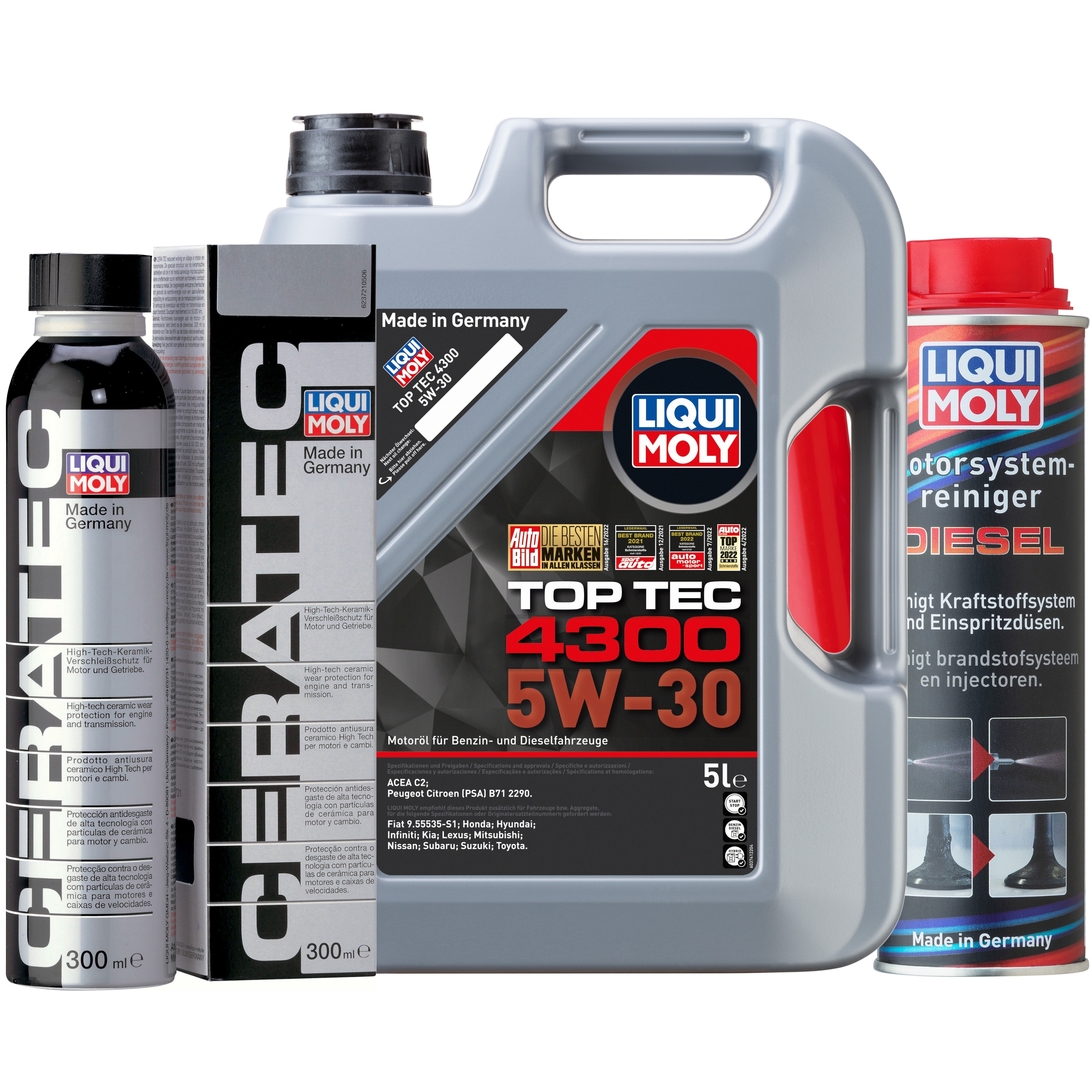 Liqui Moly 1x LM49201 Top Tec 4300 5W-30 5l + Cera Tec 300ml + Motor System Reiniger Diesel 300ml