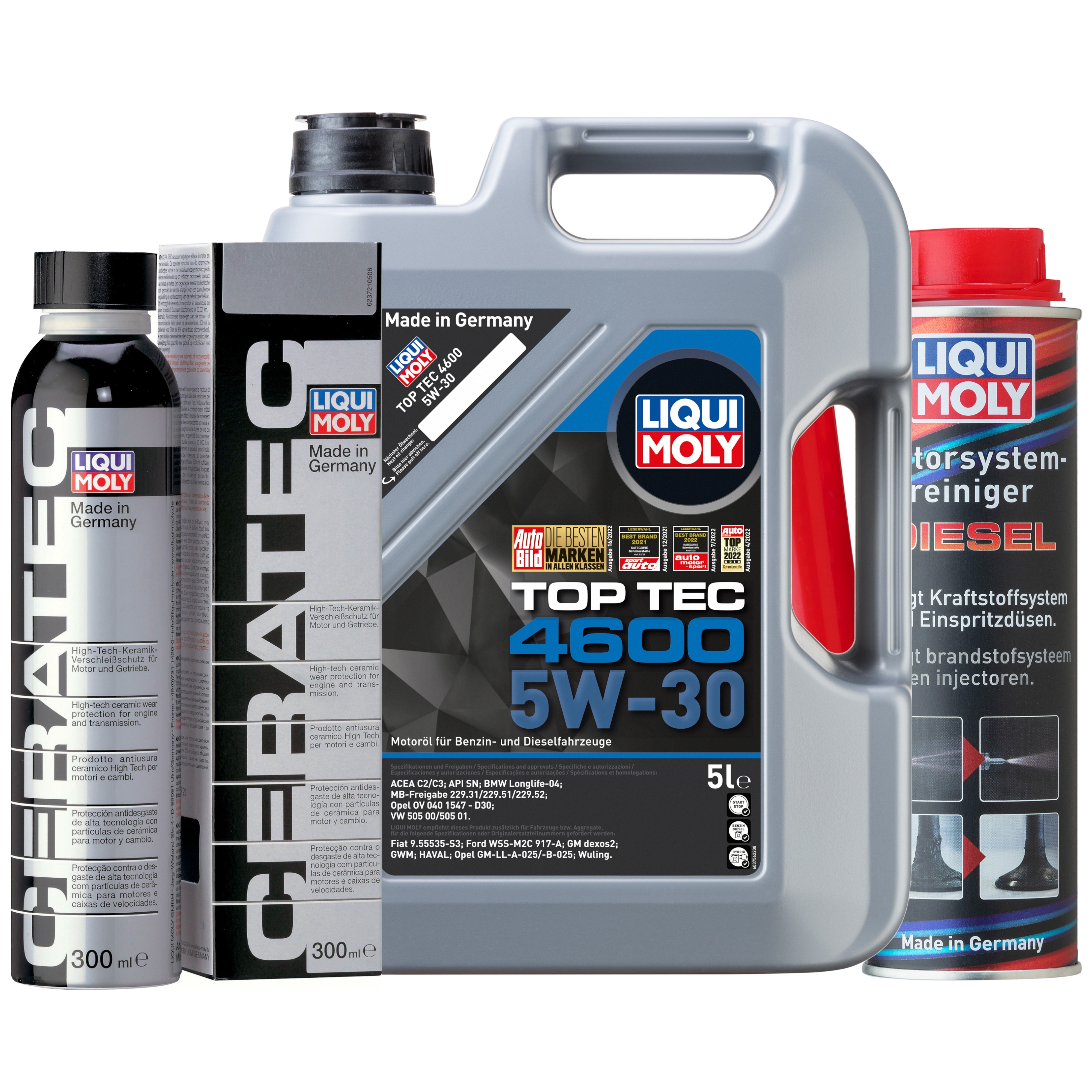 Liqui Moly 1x LM49204 Top Tec 4600 5W-30 5l + Cera Tec 300ml + Motor System Reiniger Diesel 300ml