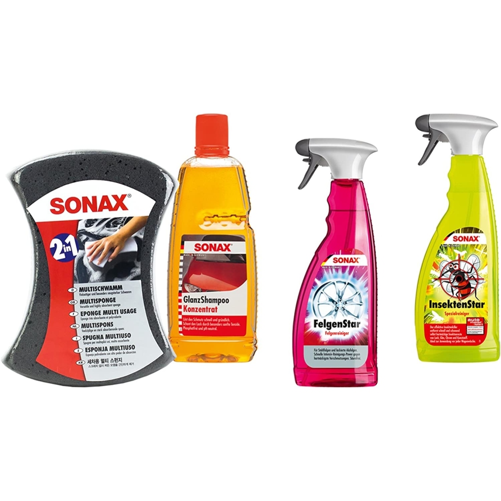 SONAX Schwamm + Autoshampoo Glanz Felgenreiniger Insektenentferner 2x