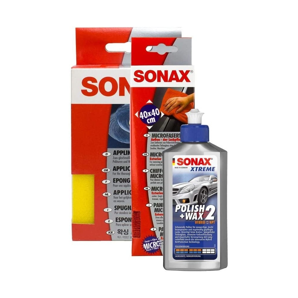 SONAX APPLIKATIONSSCHWAMM + MICROFASERTUCH + Xtreme Polish und Wax AUTOWACHS Pflege Set