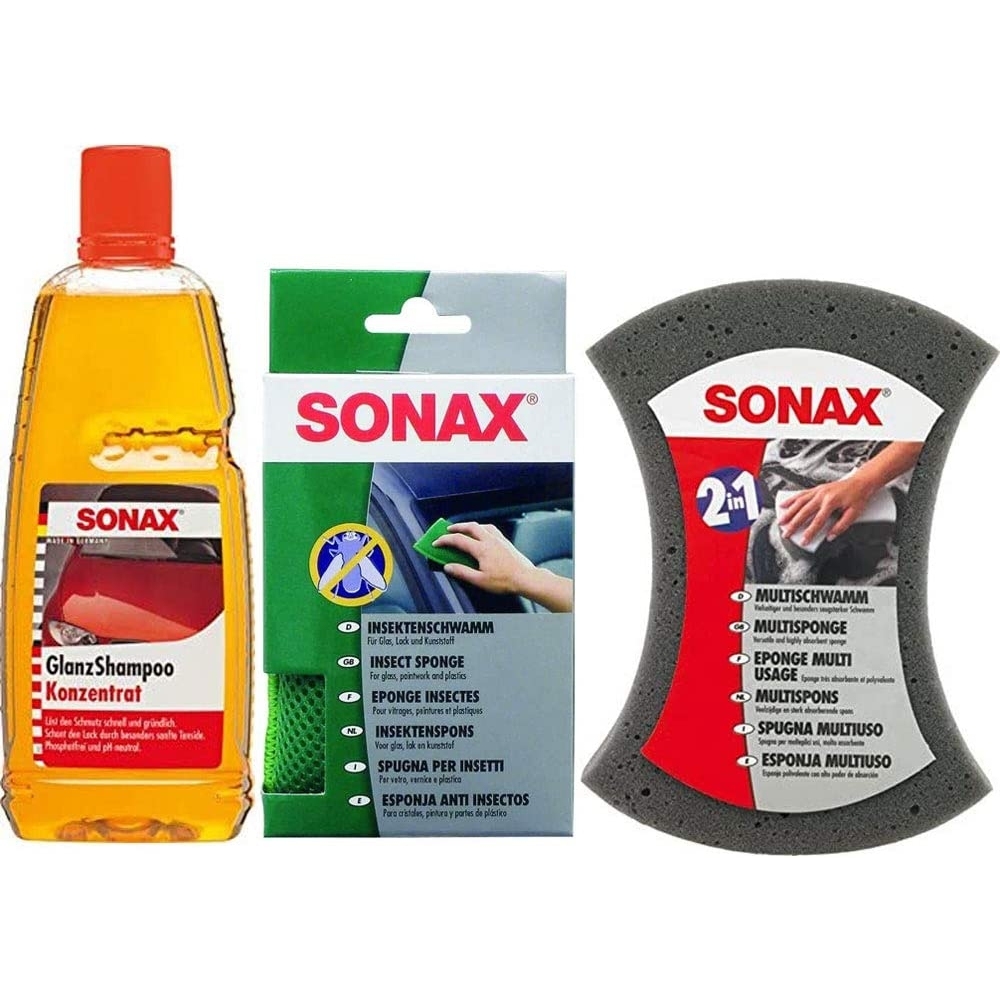 SONAX Pflege Set Glanz Shampoo Konzentrat 1L + Insektenschwamm + Multi Schwamm