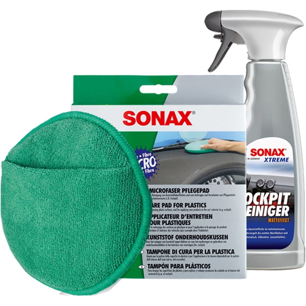 SONAX Microfaser Pflege PAD Schwamm + Cockpitpfleger Spray Set 1x500ml