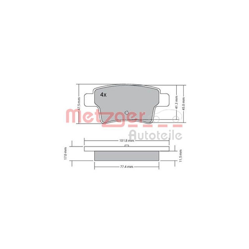 Bremsbelagsatz, Scheibenbremse METZGER 1170264 für CITROËN, Hinterachse