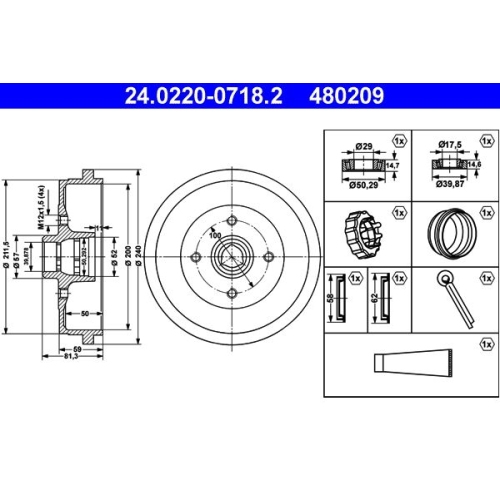 Bremstrommel ATE 24.0220-0718.2 für SEAT SKODA VAG, Hinterachse