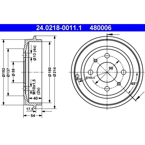 Bremstrommel ATE 24.0218-0011.1 für FIAT FORD, Hinterachse