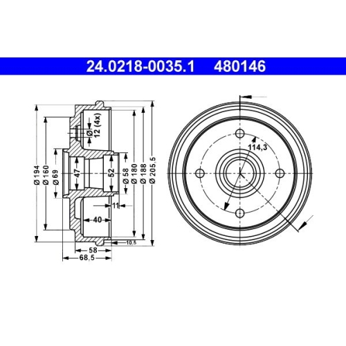 Bremstrommel ATE 24.0218-0035.1 für CHEVROLET DAEWOO, Hinterachse