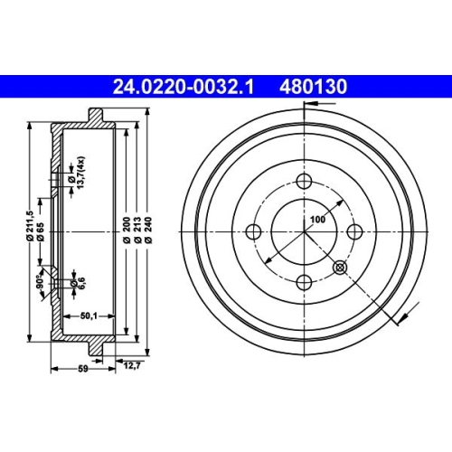 Bremstrommel ATE 24.0220-0032.1 für SEAT SKODA VAG, Hinterachse