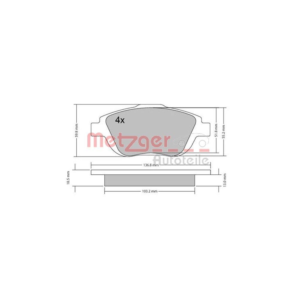 Bremsbelagsatz, Scheibenbremse METZGER 1170326 für CITROËN, Vorderachse