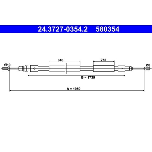 Seilzug, Feststellbremse ATE 24.3727-0354.2 für CITROËN, hinten rechts