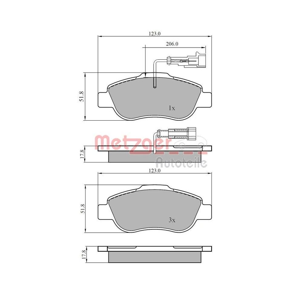 Bremsbelagsatz, Scheibenbremse METZGER 1170849 für FORD, Vorderachse