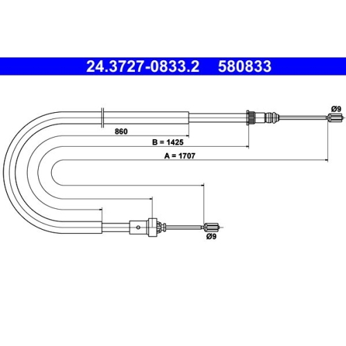 Seilzug, Feststellbremse ATE 24.3727-0833.2 für PEUGEOT, hinten