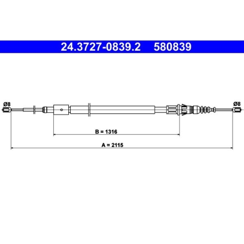 Seilzug, Feststellbremse ATE 24.3727-0839.2 für CITROËN PEUGEOT, hinten