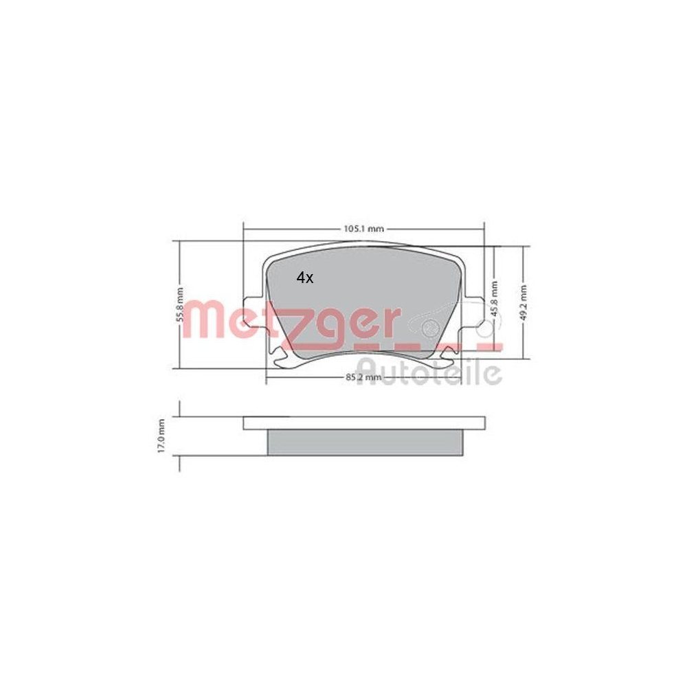 Bremsbelagsatz, Scheibenbremse METZGER 1170005 für VAG, Hinterachse